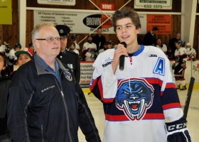 Connor Logan talks to the crowd at the Tsawout First Nations Recreation Centre