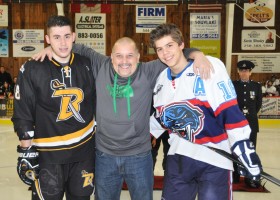 Green Party Leader Adam Olsen dropped the ceremonial puck for Buccaneers Lynden Eddy and Panthers Connor Logan