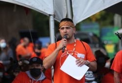 Tseshaht Chief Councillor Ken Watts speaks at an Orange Shirt Day event the First Nation held on Sept. 30, 2021. (Eric Plummer photo)