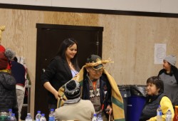 In April Cody Gus was blanketed in Ahousaht as the last surviving former student of the residential school there. (Nora O'Malley photo)