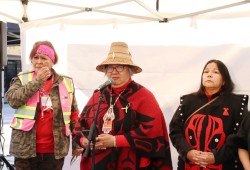 Carol Martin (left), AFN National Chief RoseAnne Archibald, and BC AFN Chief Judy Wilson speak at a press conference at the Women’s Memorial Walk.