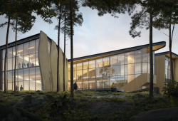 Architectural rendering of the back of the National Centre for Indigenous Laws at UVic, to be completed in 2024. (UVic image)