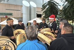 During a particularly challenging Christmas season, Tseshaht members gathered in the West Coast General’s atrium on Dec. 18 to recognize health care workers for their ongoing efforts. The First Nation sang and danced for the hospital staff. (Tseshaht First Nation photo)