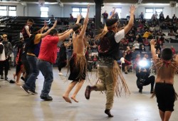 Dancers from the Ahousaht First Nation perform before the cameras.