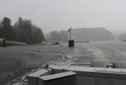 A view from the back of the Ahousaht Raider on a stormy day, as the vessel enters the First Nation's village loaded with passengers. (Eric Plummer photo)
