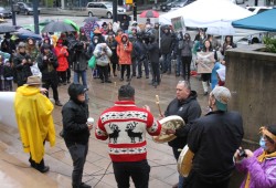 Nuchatlaht supporters drum in front of the B.C. supreme court on March 21. Two-months of presenting evidence has shown a "discrepancy of resources" between the small First Nation and the province, according to Owen Stewart from the Nuchatlaht's legal team.