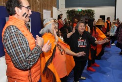 Tseshaht members sing at Maht Mahs on Feb. 21 during the announcement of initial findings from an investigation into deaths at the Alberni Indian Residential School.