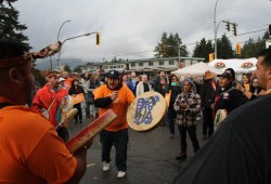 Tseshaht members sing outside of the NDP’s Port Alberni campaign office during the federal election in October 2019.