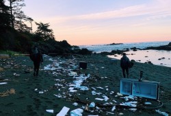 After over 100 shipping containers fell from the Zim Kingston in late October, debris was scattered over a beach near Raft Cove, south of Cape Scott on Vancouver Island’s west coast. (Submitted photo)