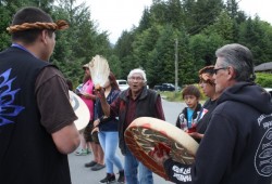 Ditidaht elder Jimmy Chester leads a blessing ceremony at the Gordon River.