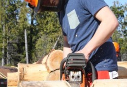 Hayden Seitcher operates a chainsaw while building a small log cabin.
