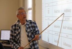 Chuck Watts leads a class through the Nuu-chah-nulth alphabet at North Island College on April 10. (Eric Plummer photo)