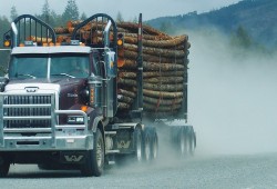 A logging truck sets up a plume of dust on Bamfield Main near Port Alberni. (Mike Youds photo)