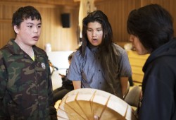 Youth from the Ehattesaht First Nation sing and drum during the NTC Northern Region Youth Gathering at the House of Unity, in Tsa'xana, near Gold River, on March 29, 2022.
