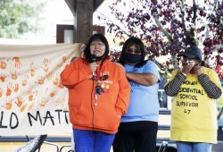 Grace Frank gets emotional while speaking to a crowd of people gathered in Tofino's Village Green to honour the survivors and victims of the residential school system on the first National Day for Truth and Reconciliation, on September 30, 2021.