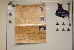 The Nuu-chah-nulth alphabet hangs in the art and music classroom at the Wickaninnish Community School, in Tofino, on November 22, 2021.