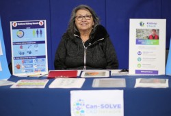 Matilda Atleo hosted a booth about the Can-SOLVE Canadian Kidney Disease Network. Through a partnership with FNHA, Can-SOLVE helps Indigenous people in remote communities check for their risk of kidney disease, as well as diabetes and blood pressure problems. 