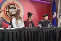 Grand Chief Stewart Phillip of the Union of BC Indian Chiefs (far right) speaks at the unveiling of a report from the BC Human Rights Tribunal in Vancouver on Jan. 15. (Union of BC Indian Chief/Twitter photo)