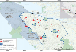 Marked in red, 34 mining claims have been recently staked in the survey area, including some in Ka:'yu:'k't'h', Mowachaht/Muchalaht and Ehattesaht territory. (Geoscience BC map)