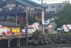 Emergency responders gather by the First Street dock in Tofino, after a float plane crashed into a water taxi on Oct. 18 , 2021. Nurses travelling to Ahousaht were among the injured. (Submitted photo)