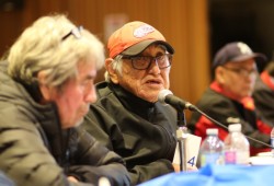 Ahousaht fisherman Andy Webster speaks during  the Council of Ha'wiih Forum on Fisheries in early November in Tsaxana. (Eric Plummer photo)