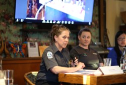 Brandi Burns, an officer with the B.C. Wildfire Service, reflected on the first hours of Mountain Underwood during a forest fire forum hosted by the Alberni Valley Transition Town Society on May 20. (Eric Plummer photo)