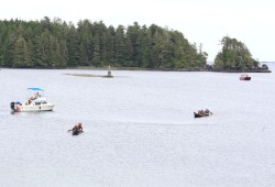 The Ahousaht chaputs were towed for a stint to safely get around Amphitrite Point, but the paddle crew jumped back in at the head of Ucluelet harbour to finish the pull to Hitacu.