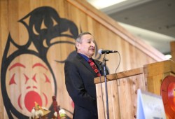 Grand Chief Stewart Phillip of the BC Union of Indian Chiefs addresses the crowd at the gathering on Aug. 13.