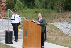 Cindy Woodhouse Nepinak, national chief of the Assembly of First Nations, spoke at the totem pole unveiling in Gold River. 