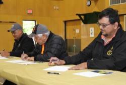 In the middle of the Fairy Creek conflict, in May 2021 the Pacheedaht and neighbouring Ditidaht and Huu-ay-aht First Nations issued the Hišuk ma c̕awak Declaration, a document signed by hereditary and elected leaders asserting authority over their lands. Pictured are former chief councillors Jeff Jones of Pacheedaht (far left), Robert Dennis Sr. of Huu-ay-aht and Brian Tate from Ditidaht. (Eric Plummer photo)