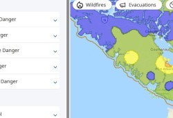 In early July the Fire Danger Rating measure, a system that alerts the public to potential starts and spread of wildfire in a given area, shows much of Vancouver Island at the ‘low’ level, which entails easy fire start and quick spread but with minimal involvement of deeper fuel layers or larger fuels. (BC Wildfire Service map) 