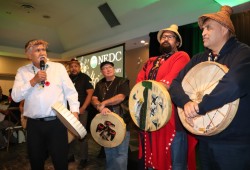 Ahousaht Tyee Ha’wilth Maquinna (Lewis George) invited singers to join him in the singing of the Nuu-chah-nulth song at the event. 