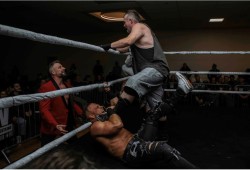 The Legendary Moondog Manson, Vancouver Island pro wrestler, takes down his opponent during a past pro wrestling event. (Submitted photo)