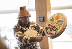 Elder-in-Residence Xulsimalt, Gary Manson, of the Snuneymuxw First Nation sings at the university’s announcement on April 8 in Nanaimo. (VIU photo)
