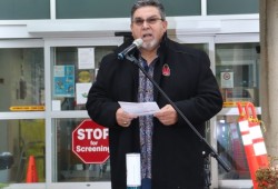NTC Vice-President Les Doiron speaks at West Coast General on Nov. 10, shortly after coming out of a meeting with Island Health representatives, where the treatment of Indigenous patients at the hospital was addressed.