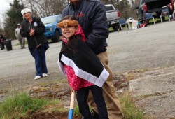 Tseshaht elder Cody Gus and young Lanaley Hassell were invited to break the ground for the new Somass Hall on April 2. (Denise Titian photo)