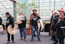 Tyee Ha’wilth Jordan Michael sang with his musčim on Oct. 20 on the first day of the appeal. (Denise Titian photo)