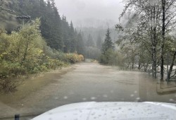 On Saturday, Oct. 19, 2024 images circulated on social media showing the road to Bamfield completely overtaken by the swelling Sarita River early in the afternoon at the 58-kilometre mark.(Jeffrey Stites photo)