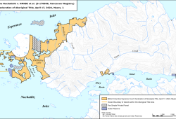 On April 17 Justice Elliott Myers released a judgement on the matter, which concerns the Nuchatlaht’s title claim to 201 square kilometres covering the northern part of Nootka Island. Myers determined that the First Nation proved Aboriginal title over a portion of this area, land that mostly entails a coastal strip along the northwestern edge of Nootka Island.
