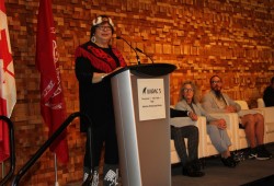 Cloy-e-iis, Judith Sayers, president of the Nuu-chah-nulth Tribal Council, speaks in Vancouver at the announcement of a memorandum of understanding for the Tang.ɢwan — ḥačxw iqak — Tsig̱is Marine Protected Area on Feb. 7, 2023. (Eric Plummer photo)