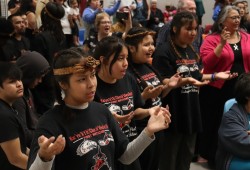 The event included students from KESS, the host school, Gold River Secondary School (GRSS), Ray Watkins Elementary, Captain Meares Elementary, Zeballos Elementary, K’ak’ot’lats’i School of Quatsino First Nation and T̓łisa̱lagi’lakw School of ‘Nagmis First Nation. Each took to the floor sharing songs and dances.