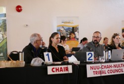 Kevin Conley (right), a biologist and resource manager with Fisheries and Oceans Canada, addressed the uncertainty around the licences during a Nuu-chah-nulth Council of Ha’wiih Forum on Fisheries in Port Alberni June 5. (Eric Plummer photo)