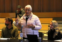 Kii’iljuus, Barbara Wilson, is a Haida cultural advisor for Coastal Voices. She is pictured speaking at the Nuu-chah-nulth Council of Ha’wiih Forum on Fisheries on Nov. 5. (Irine Polyzogopoulos photo)