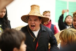 Brandon Johnson sings with others from the Ka:'yu:'k't'h'/Che:k'tles7et'h' First Nations.