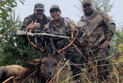 Leisa Hassall and her hunting team, husband John Morgan Hassall and brother Jordan Dick, pose with a 4x4 bull elk they harvested this fall in the Comox Main area. (Submitted photos)