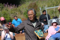 Tyee Ha'wilth Mike Maquinna speaks to Mowachaht/Muchalaht members and visitors on Aug. 5 at Yuquot.