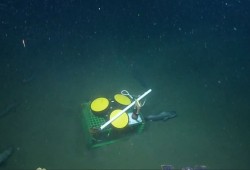 An Acoustic Doppler Current Profiler (ADCP) is deployed at the Cascadia Basin, offshore west of Vancouver Island, during a summer 2021 expedition. These instruments recently recorded magnetic anomalies causes by a recent solar storm. (ONC/OET/UVic video still)