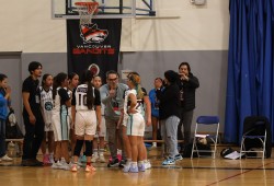 Down by one point with four seconds left on the clock, Yuułuʔiłʔatḥ Ravens coach Tyson Touchie calls a final timeout in the U13 Silver girls championship final at JANT in Langley.