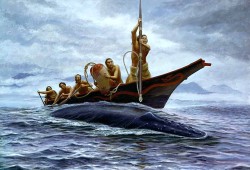 Painting by Bill Holm called “The Strike” depicting Makah whalers mid hunt.