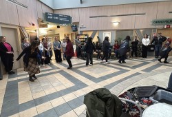 During a particularly challenging Christmas season, Tseshaht members gathered in the West Coast General’s atrium on Dec. 18 to recognize health care workers for their ongoing efforts. The First Nation sang and danced for the hospital staff. (Tseshaht First Nation photo)